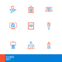 Set line Fountain pen nib, Paint brush, Wood easel, spray, Computer with design program, and Picture icon. Vector