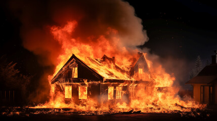 Fire in a private house in a countryside.. Burning house. - obrazy, fototapety, plakaty