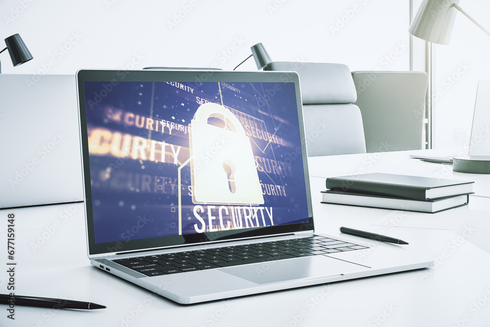 Leinwandbilder computer monitor with creative light lock illustration and microcircuit, cyber security concept. 3d 