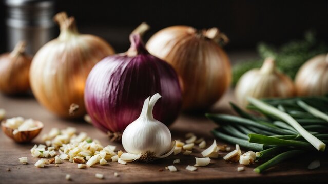 Close up high resolution image of fresh and natural garlic, shallot, and onion. Generative AI.