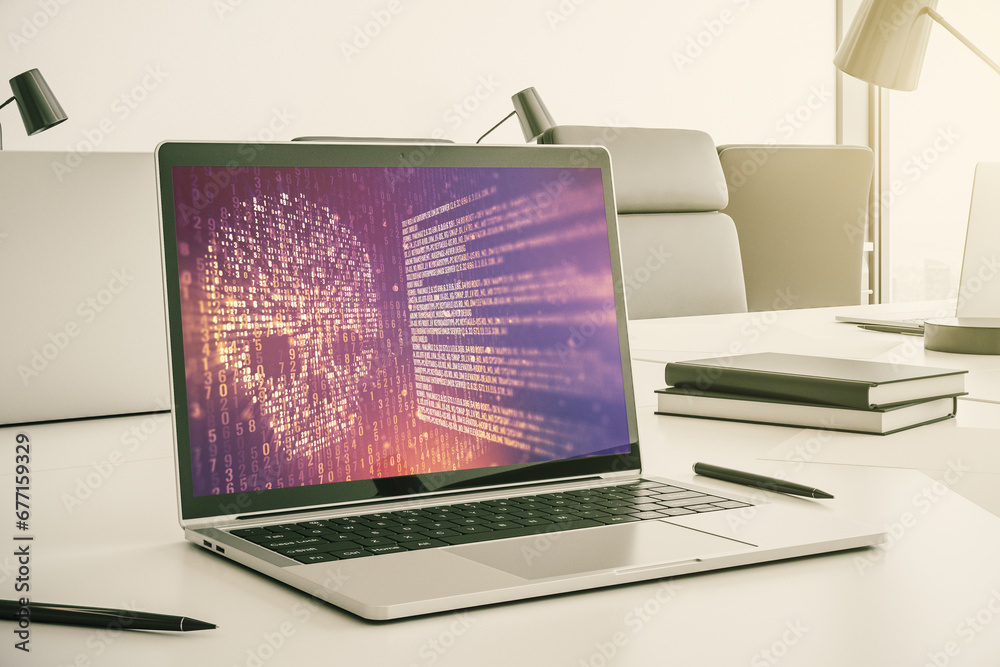 Fototapete creative concept of code skull illustration on modern laptop screen. hacking and phishing concept. 3