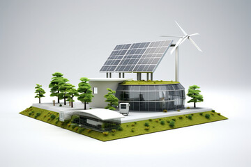 A creative display of a "Renewable Energy Fair" with solar panels and wind turbines, showcasing clean energy solutions, creativity with copy space