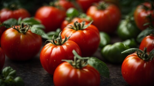 Close up high resolution image of fresh big red tomatoes. Generative AI.