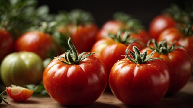 Close up high resolution image of fresh and natural big red tomatoes. Generative AI.