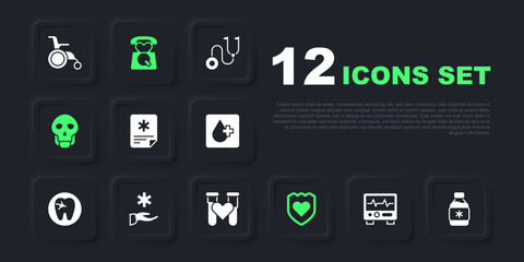 Set Monitor with cardiogram, Bottle of medicine syrup, Patient record, Immune system, Skull, Cross hospital medical, Emergency call 911 and Test tube blood icon. Vector