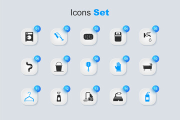 Set Brush for cleaning, Bucket, Hanger wardrobe, Antibacterial soap, Bathtub, Washer and Toilet brush icon. Vector