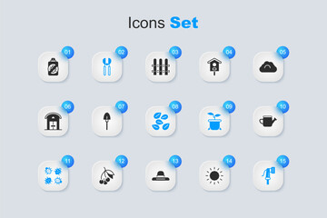 Set Sun, Shovel, Gardening scissors, Colorado beetle, hose, Watering can, Spray against insects and Seeds of specific plant icon. Vector