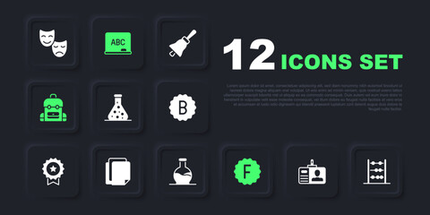 Set Identification badge, Abacus, Test tube, Exam paper with incorrect answers, School backpack, File document, Chalkboard and icon. Vector