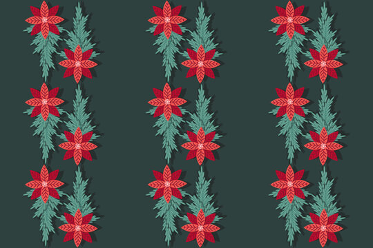 Christmas endless background with red Holly flower. New Year seamless pattern with mistletoe bouquet. XMAS banner, poster, card, design. Web wallpaper. Vector illustration.