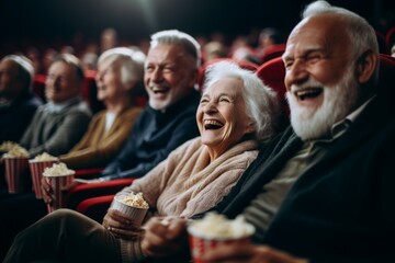 Fototapeta premium Senior people watching comedy movie in cinema theater on red velvet seat background.