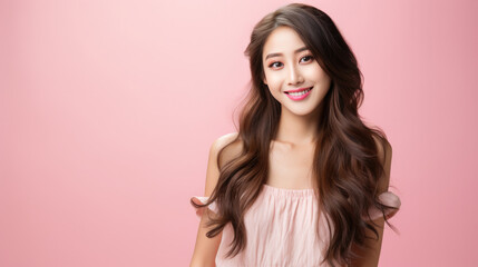 Naklejka premium Portrait of vogue fashion smiling Asian girl, solid color background