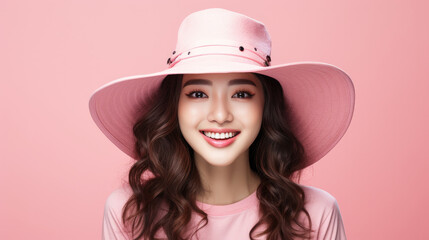 Portrait of vogue fashion smiling Asian girl, solid color background