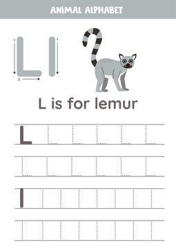 Tracing alphabet letters for kids. Animal alphabet. L is for lemur.