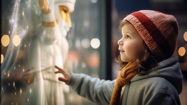 A heartwarming image of a child, filled with awe, admiring a magical Christmas window display in the city.