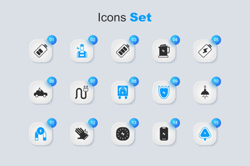 Set Mobile phone, Electric plug, Electrician, Magnet, High voltage, Lamp hanging, Battery charge and Electrical panel icon. Vector