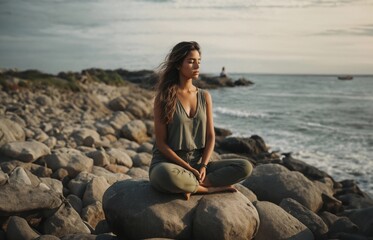 A young pretty longhair woman meditating on a rock at the seashore at sunset