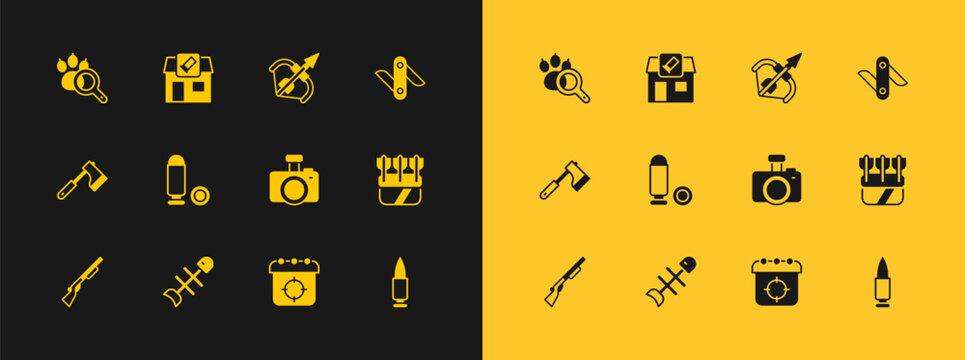 Set Swiss army knife, Dead fish, Photo camera, Target sport, Bullet, Medieval bow and arrow, Paw search and Hunting shop icon. Vector