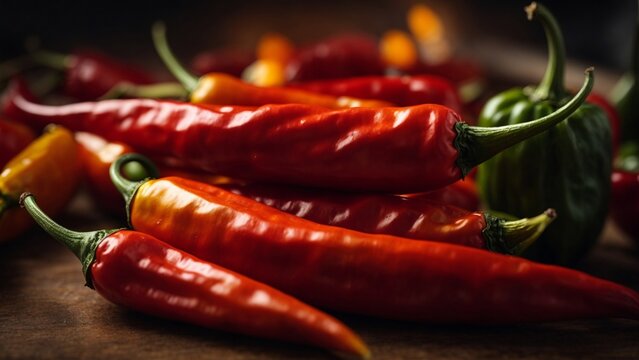 Close up high resolution image of spicy chili peppers on the table. Generative AI.