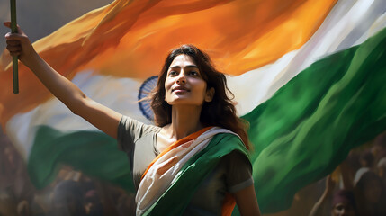 Mujer de pie morena con el brazo derecho en alto sujetando una bandera de la india celebrando el día de la republica de india.