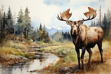 Fototapeta premium Merry Moose Clipart Watercolor