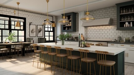 A modern bistro-inspired kitchen featuring a subway tile backsplash, bistro seating, and pendant lighting.