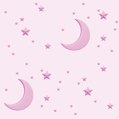 Seamless pattern consisting of small pale pink stars and a crescent moon on a pale pink background	

