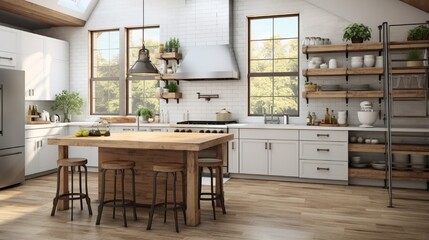 A modern farmhouse kitchen with a farmhouse sink, open shelving, and reclaimed wood accents.