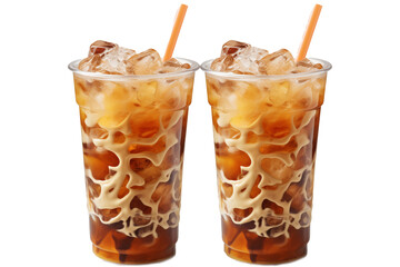 Iced coffee cups isolated on transparent background, top side view, view from above, delicious iced...