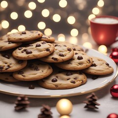 Naklejka premium Christmas chocolate chip cookies on the table. Christmas tree bokeh background.