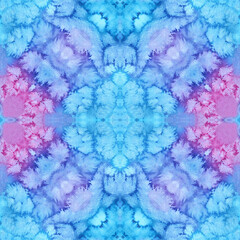 Fototapeta na wymiar Blue and violet Mandala watercolor kaleidoscope pattern. Hand drawn abstract background. Decorative tile textile print element.