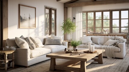 A modern farmhouse living room with a reclaimed wood coffee table, cozy textiles, and farmhouse decor.