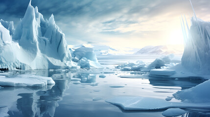 iceberg in polar regions,Antarctic landscape with icebergs and snow-capped mountains,Winter landscape ,AI Generative 