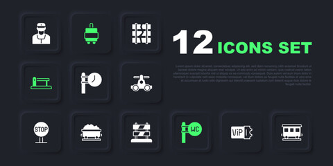 Set Train ticket, Passenger train cars, station clock, Toilet, Railway barrier, Coal wagon, Suitcase and End of railway tracks icon. Vector