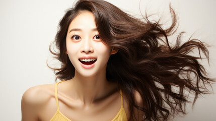 Fototapeta premium Portrait of vogue fashion smiling Asian girl, white background