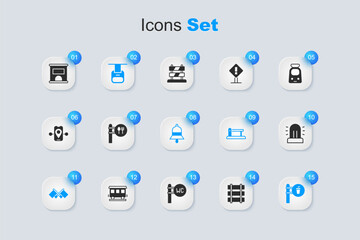 Set Railway, railroad track, Cafe and restaurant location, Cable car, Flag, Flasher siren, Ticket office to buy tickets and Train station bell icon. Vector
