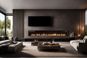 Large interior of a villa featuring a fireplace, cement wall effect, and TV. 