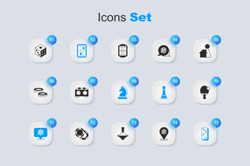 Set Game dice, Time chess clock, Air hockey table, Domino, Racket, and Chess icon. Vector