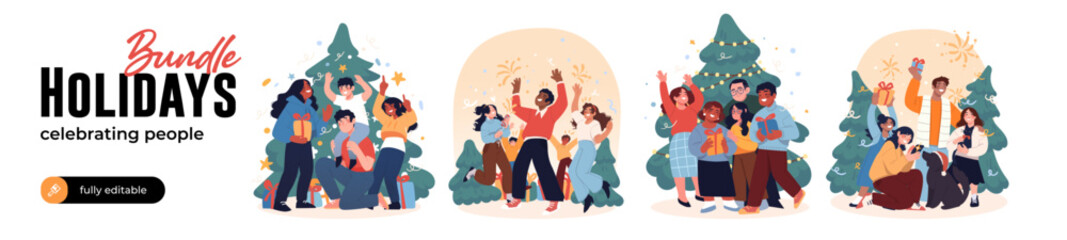 Happy people characters celebrating Christmas and New Year