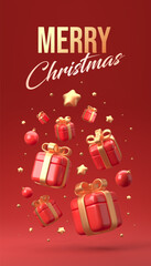 Obraz na płótnie Canvas Merry Christmas and Happy New Year festive composition. Colorful Xmas background with realistic 3d trees and gift boxes. Vector illustration
