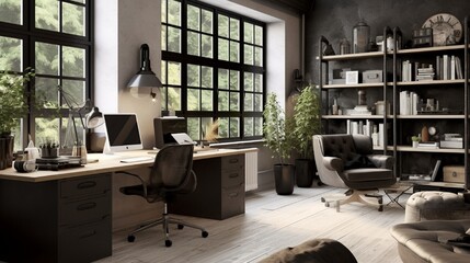 A monochromatic home office space with industrial accents and ample natural light.