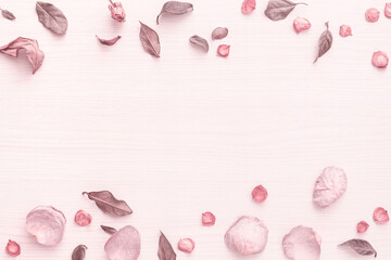 Frame composed of light pinkish dried flower petals and leaves, light wood grain background	
