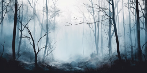 Obraz premium Mystic Forest, Watercolor. Misty forest in the morning. Forest Trees in fog. Foggy Nature Landscape, panoramic view