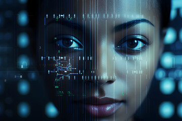 Recognition of facial features by a computer system, illustration for computer vision and facial recognition technology - obrazy, fototapety, plakaty