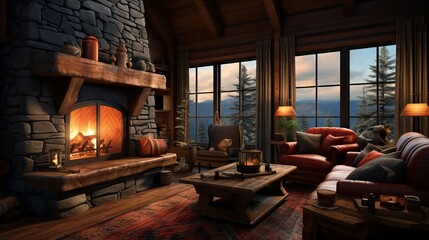 Obraz na płótnie Canvas A rustic-inspired cabin living room featuring a stone fireplace and cozy leather armchairs.