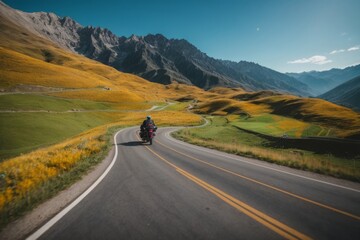 A motorcyclist rides on a beautiful asphalt road with a yellow stripe in the middle of high mountains. A clear sunny day, blue sky with white clouds, yellow and green fields. Nature, travel concepts