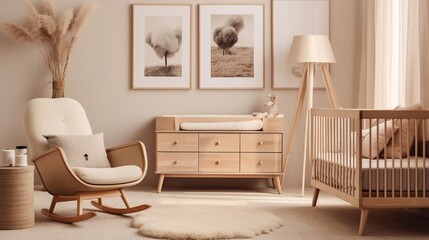 A Scandinavian-inspired nursery with natural wood furniture, soft textiles, and whimsical wall art.