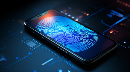 Dark Background Technology: Smartphone Fingerprint Scanner,phone with blue screen - Powered by Adobe