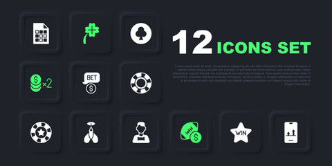 Set Casino win, Online sports betting, chip with dollar, American football money, Dart arrow, slot machine clover and dealer icon. Vector