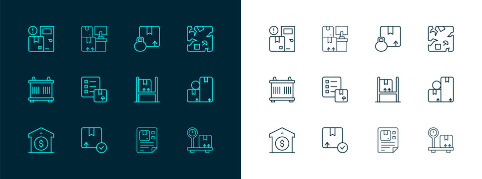 Set line Broken cardboard box, Carton, Warehouse interior with boxes, Waybill, Verification of delivery list, Home services and icon. Vector