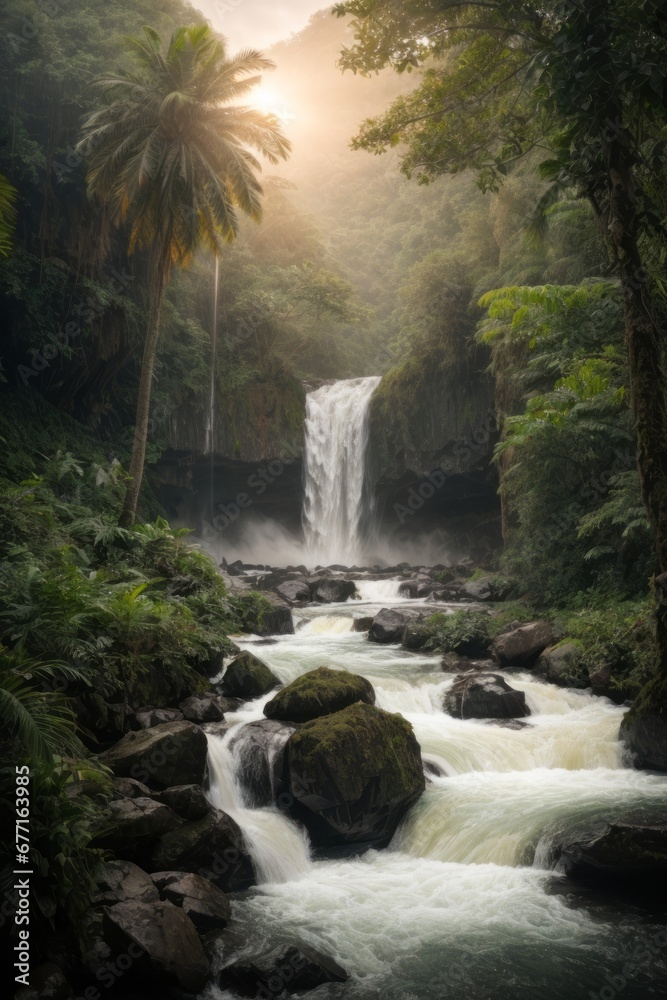 Poster a beautiful waterfall with a mountain river in the wild in a forest with tall palm trees and trees a